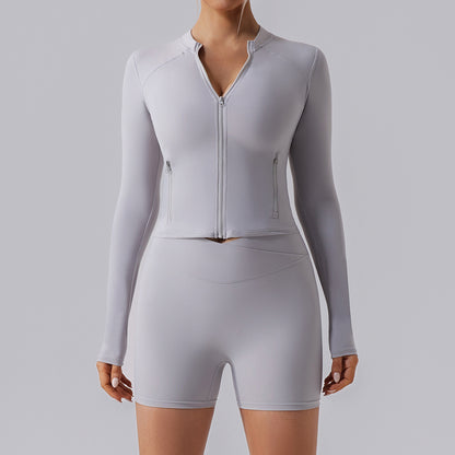 Autumn High Elastic Gym Sports Top Women Long Sleeve Slim-fit Zipper Cardigan Skinny Running Yoga Clothes Coat
